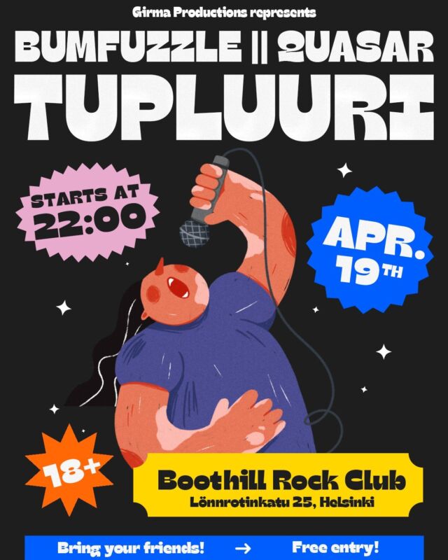 Quasar, Bumfuzzle ja Tupluuri iskevät Boothilliin kolmen bändin energialla lauantaina 19.4. klo 22 alkaen! ⚡ Illan aikana lavalle nousevat siis instrumentaalitrio Bumfuzzle, genreen sitoutumaton rock-yhtye Quasar ja illan päättää Saimi Palmannon pop-rock yhtye Tupluuri! Tapahtuma on ilmainen ja K18.

𝕭𝖔𝖔𝖙𝖍𝖎𝖑𝖑 𝕽𝖔𝖈𝖐 𝕮𝖑𝖚𝖇
📍 Lönnrotinkatu 25, Helsinki

#boothillrockclub #helsinki