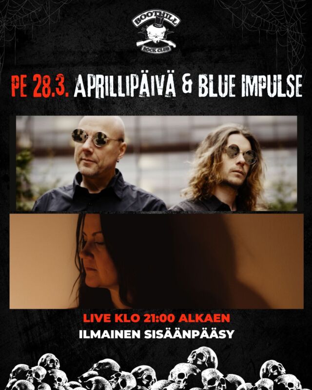 Perjantaina 28.3. Boothill Rock Clubilla vietetään bändi-iltaa kahden yhtyeen voimin kun Aprillipäivä ja Blue Impulse ottavat paikan haltuun! 💀

Keikkailematon studiobändi Aprillipäivä nyt keikalla!!! Aprilliltä kuulostaa, mutta totta se on eli bändi nousee Helsingissä Boothillin lavalle perjantaina 28.3.2025 juhlistaakseen 1.4.2025 julkaistavaa uutta musiikillista ilotulistustaan. Aprillipäivä soittaa musiikkia, jossa voi tuntea kiehtovaa keväistä jännitettä, kuten aprillipäivää edeltävänä yönä. Kappaleiden kertojahahmot ovat joko keppostelijoita itse, tai he kokevat, että elämä jekuttaa heitä jotenkin joka päivä. Vaikka luulet muistavasi pilailupäivän, menet silti halpaan heti ensimmäiseen kepposeen. Kuten aina.

Blue Impulse esittää laulaja-laulunkirjoittaja Kata Samulan tunnelmallista musiikkia. Impulsiiviset tunnekuohut, herkät harmoniat ja unenomainen magia vievät kuulijan aivan toiseen todellisuuteen. Musiikissa kuuluu rakkaus trip hoppiin ja vaihtoehtorockiin sekä mm. Björkin ja Massive Attackin arvoituksellisiin maailmoihin. Blue Impulse kuuluu Kuohu Recordsin rosteriin.

21:00 BLUE IMPULSE
22:00 Aprillipäivä

🆓 Ilmainen sisäänpääsy!

𝕭𝖔𝖔𝖙𝖍𝖎𝖑𝖑 𝕽𝖔𝖈𝖐 𝕮𝖑𝖚𝖇
📍 Lönnrontinkatu 25, Helsinki