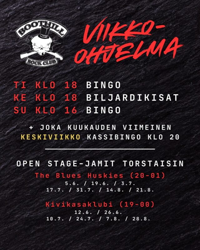 Tässä Boothillin viikko-ohjelma tulevaksi kesäksi! ☀ 
Biliskisat siis siirtyneet keskiviikoille ja tästä lähtien myös jamit joka viikko The Blues Huskiesin sekä Kivikasan säestämänä vuoroviikoin! 🎸 Lisäksi bingoa kahdesti viikossa (+kuukausittaiset kassibingot) ja viikonloput pyhitetään tottakai keikoille! 🔥 Tervetuloa!

𝗕𝗶𝗻𝗴𝗼
Tiistaisin klo 18 ja sunnuntaisin klo 16
(Joka kuun viimeinen keskiviikko Kassibingo klo 20)

𝗕𝗶𝗹𝗷𝗮𝗿𝗱𝗶𝗸𝗶𝘀𝗮𝘁 (𝟵-𝗽𝗮𝗹𝗹𝗼)
Keskiviikkoisin klo 18

𝗧𝗵𝗲 𝗕𝗹𝘂𝗲𝘀 𝗛𝘂𝘀𝗸𝗶𝗲𝘀 (𝗸𝗹𝗼 𝟮𝟬-𝟬𝟭)
5.6. / 19.6. / 3.7. / 17.7. / 31.7. / 14.8. / 21.8.

𝗞𝗶𝘃𝗶𝗸𝗮𝘀𝗮𝗸𝗹𝘂𝗯𝗶 (𝗸𝗹𝗼 𝟭𝟵-𝟬𝟬)
12.6. / 26.6. / 10.7. / 24.7. / 7.8. / 28.8.

𝕭𝖔𝖔𝖙𝖍𝖎𝖑𝖑 𝕽𝖔𝖈𝖐 𝕮𝖑𝖚𝖇
📍 Lönnrotinkatu 25, Helsinki

#boothillrockclub #helsinki